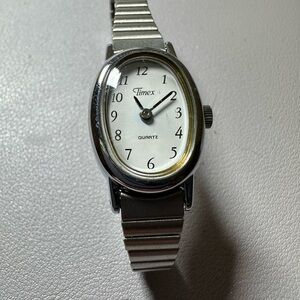 Timex Vintage Women’s Silver Oval Watch with White Dial
